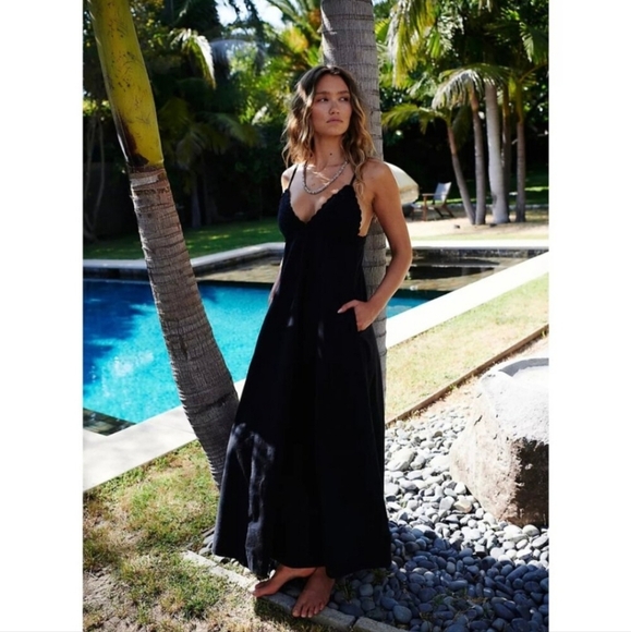 Free People Lovely Boho V Neck Maxi Dress Tie In Black Size Medium Women's - Picture 1 of 14
